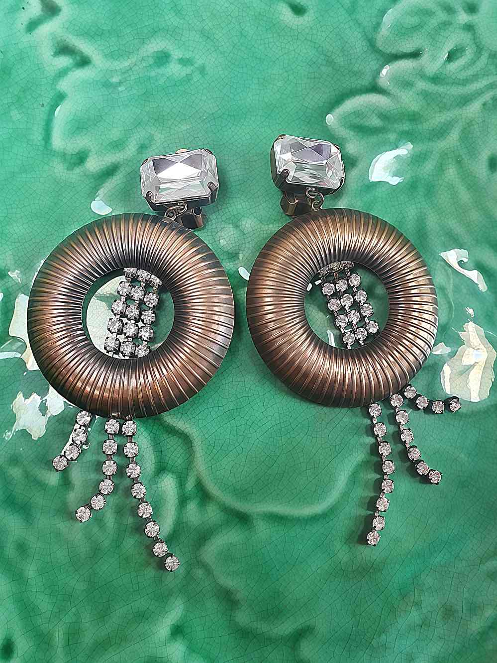 Vintage 1950s Circle Dangle Drop Rhinestone Earrings - Clip-On