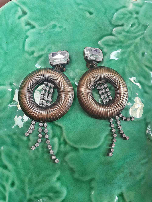 Vintage 1950s Circle Dangle Drop Rhinestone Earrings - Clip-On