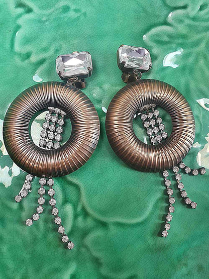 Vintage 1950s Circle Dangle Drop Rhinestone Earrings - Clip-On