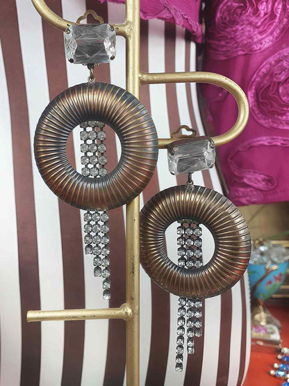 Vintage 1950s Circle Dangle Drop Rhinestone Earrings - Clip-On