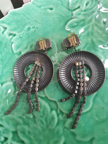 Vintage 1950s Circle Dangle Drop Rhinestone Earrings - Clip-On