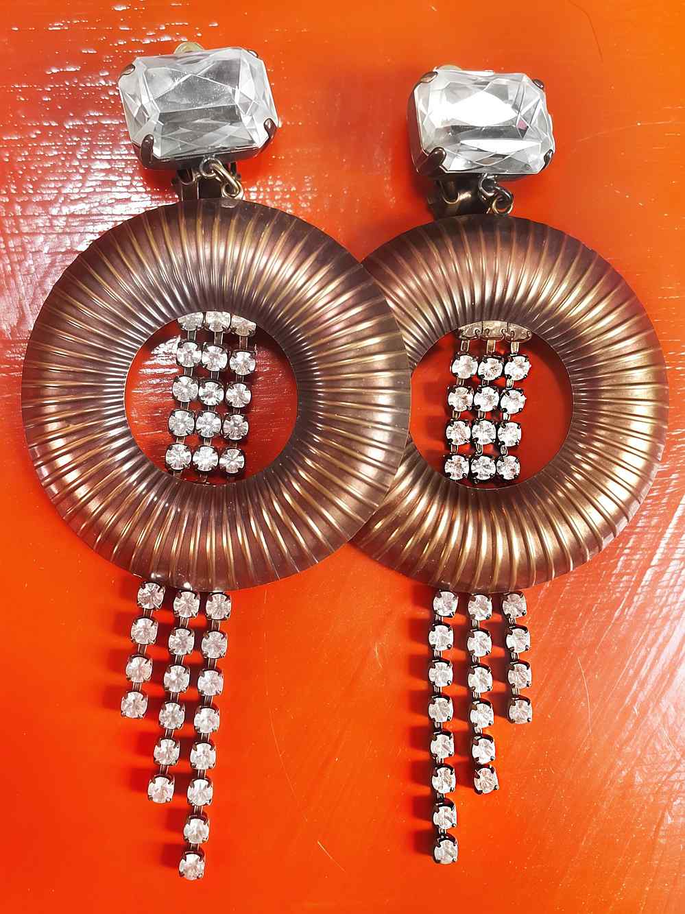 Vintage 1950s Circle Dangle Drop Rhinestone Earrings - Clip-On