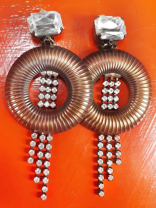 Vintage 1950s Circle Dangle Drop Rhinestone Earrings - Clip-On