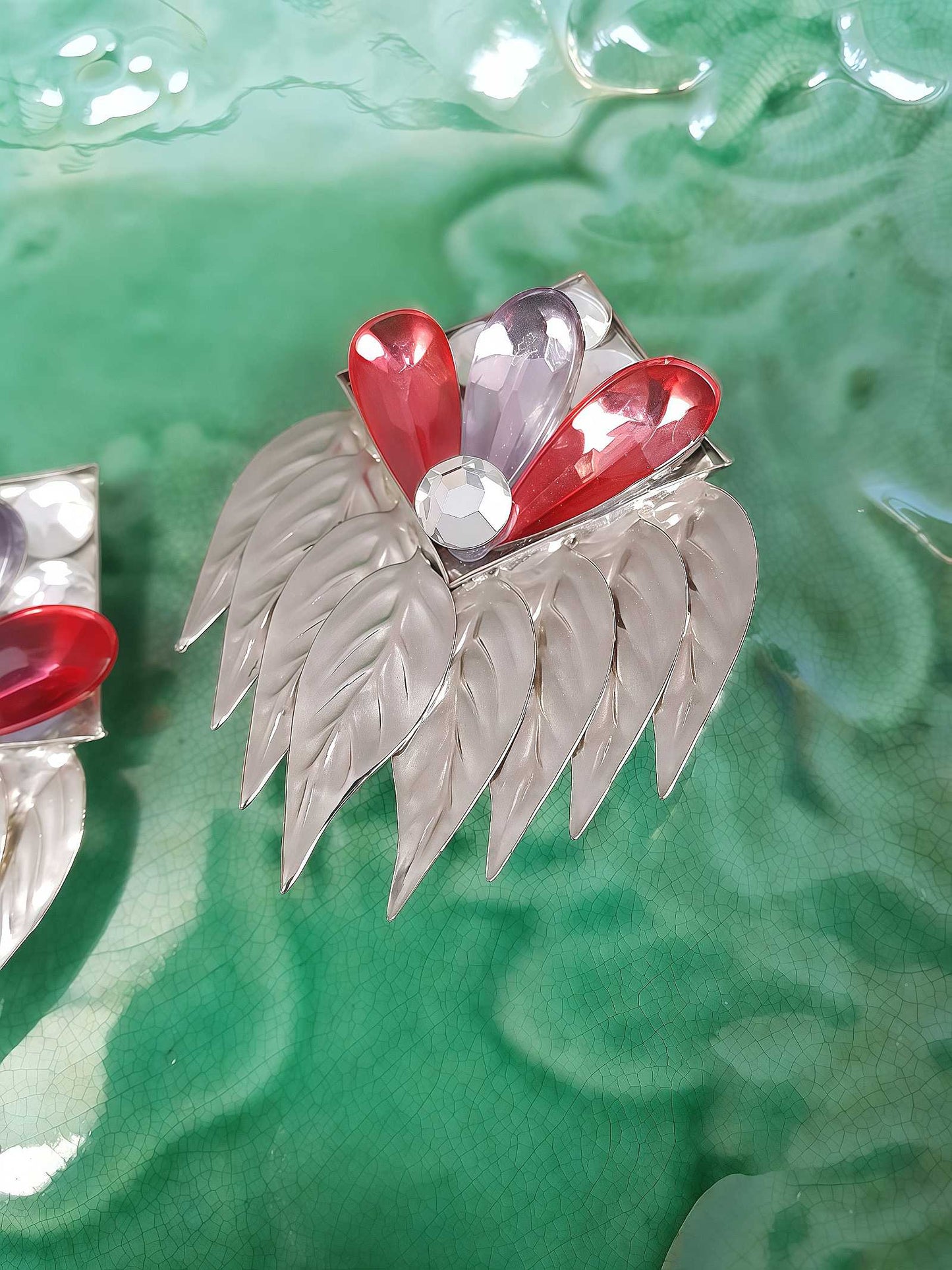Vintage 1950s Metal Feather Statement Earrings Silver-Tone Clip-Ons Pink Rhinestone