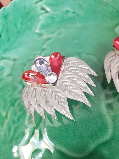 Vintage 1950s Metal Feather Statement Earrings Silver-Tone Clip-Ons Pink Rhinestone