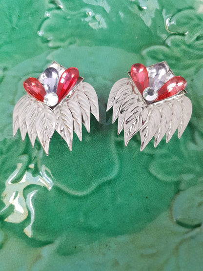 Vintage 1950s Metal Feather Statement Earrings Silver-Tone Clip-Ons Pink Rhinestone