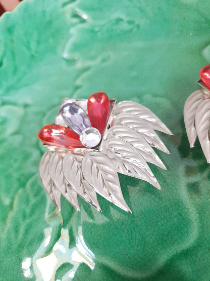 Vintage 1950s Metal Feather Statement Earrings Silver-Tone Clip-Ons Pink Rhinestone