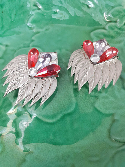 Vintage 1950s Metal Feather Statement Earrings Silver-Tone Clip-Ons Pink Rhinestone