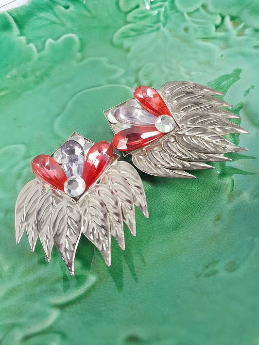 Vintage 1950s Metal Feather Statement Earrings Silver-Tone Clip-Ons Pink Rhinestone