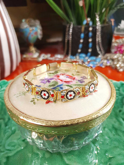 Vintage 1950s Italian Venetian Glass Micro Mosaic Bracelet – Red & White Daisy