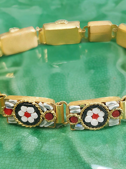 Vintage 1950s Italian Venetian Glass Micro Mosaic Bracelet – Red & White Daisy