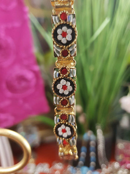 Vintage 1950s Italian Venetian Glass Micro Mosaic Bracelet – Red & White Daisy
