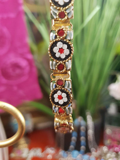 Vintage 1950s Italian Venetian Glass Micro Mosaic Bracelet – Red & White Daisy