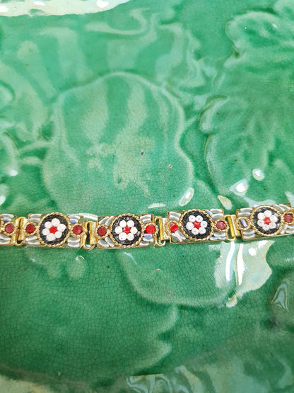 Vintage 1950s Italian Venetian Glass Micro Mosaic Bracelet – Red & White Daisy