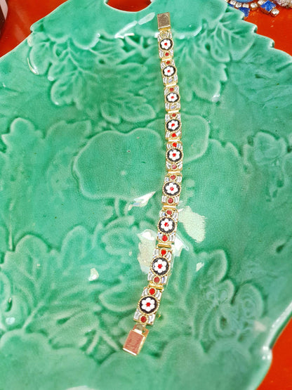 Vintage 1950s Italian Venetian Glass Micro Mosaic Bracelet – Red & White Daisy