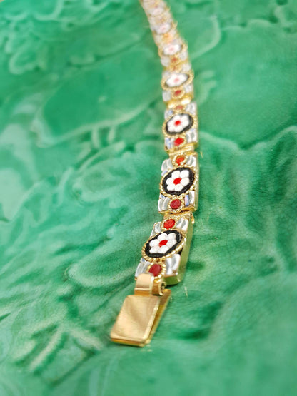 Vintage 1950s Italian Venetian Glass Micro Mosaic Bracelet – Red & White Daisy