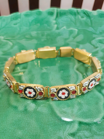 Vintage 1950s Italian Venetian Glass Micro Mosaic Bracelet – Red & White Daisy