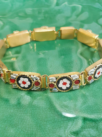 Vintage 1950s Italian Venetian Glass Micro Mosaic Bracelet – Red & White Daisy