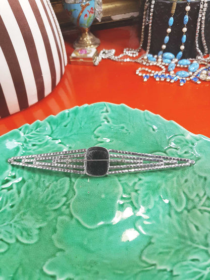 Vintage 1950s Rhinestone Black Glass Large Brooch Mid-Century Geometric