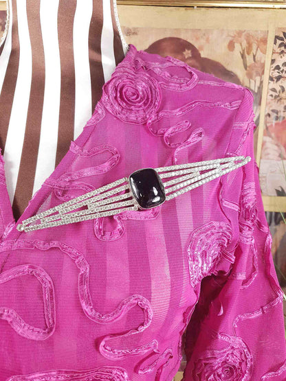 Vintage 1950s Rhinestone Black Glass Large Brooch Mid-Century Geometric