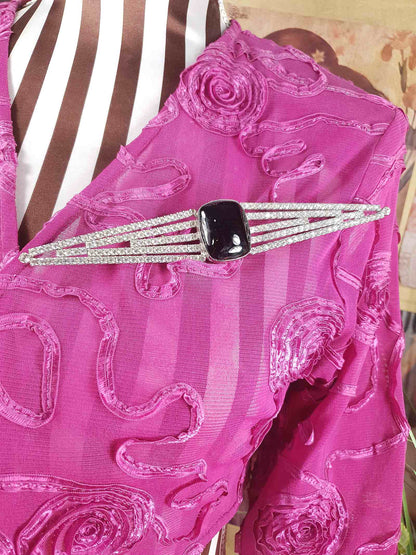 Vintage 1950s Rhinestone Black Glass Large Brooch Mid-Century Geometric