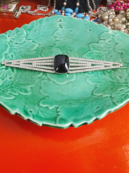 Vintage 1950s Rhinestone Black Glass Large Brooch Mid-Century Geometric