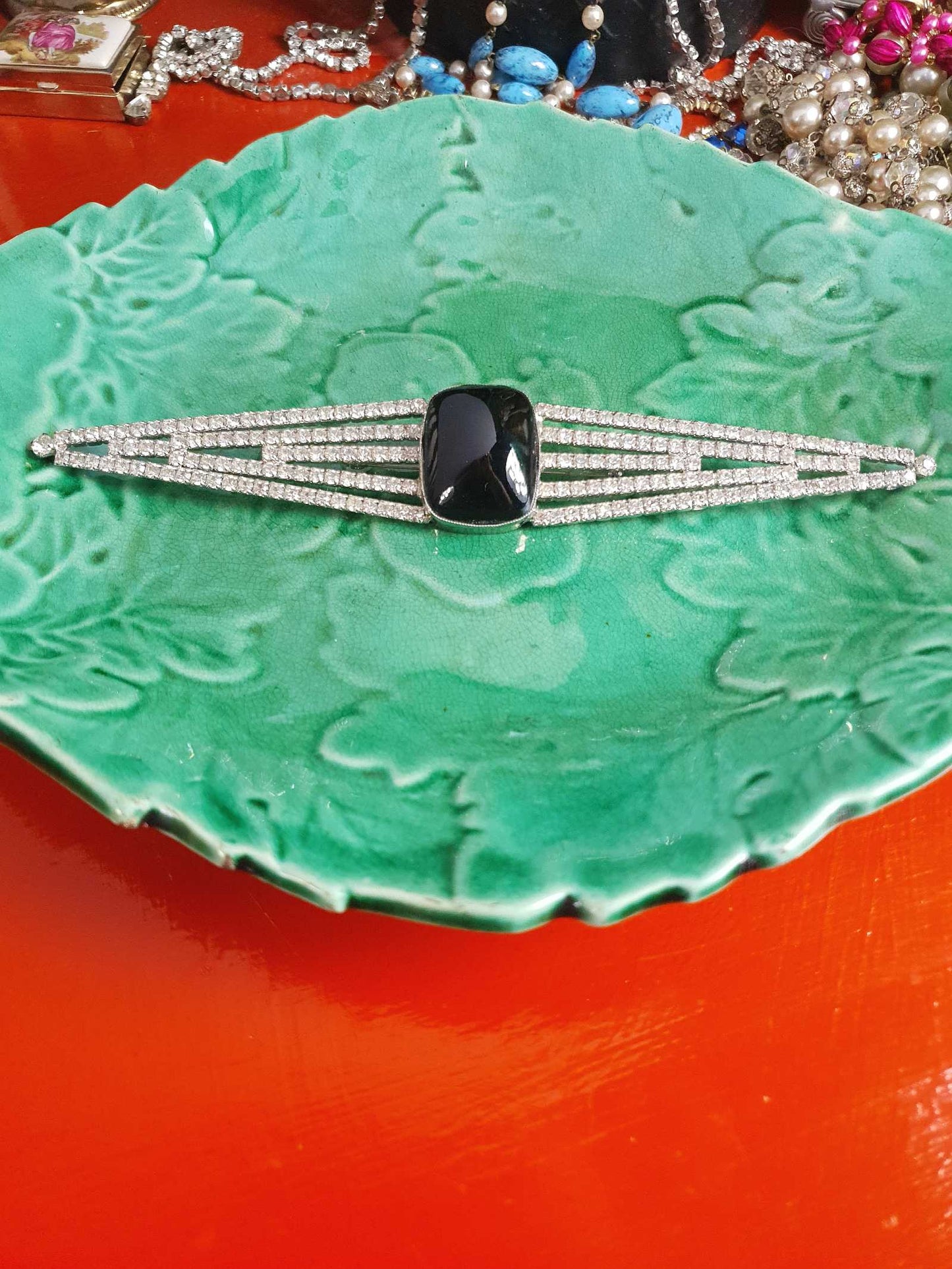 Vintage 1950s Rhinestone Black Glass Large Brooch Mid-Century Geometric