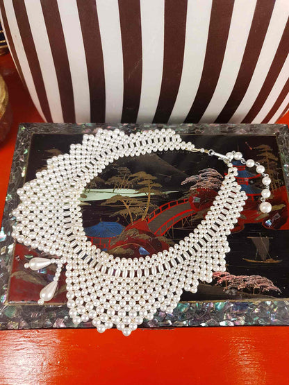 Vintage 1950s White Glass Pearl Collar Necklace Bib Statement