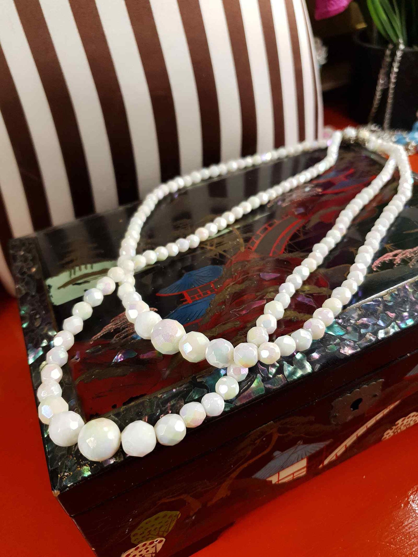 Vintage 1960s White Aurora Borealis Bead Necklace Two Strand AB