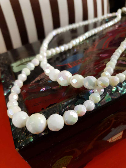 Vintage 1960s White Aurora Borealis Bead Necklace Two Strand AB