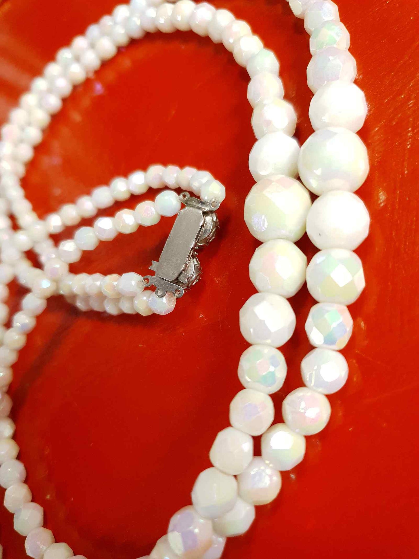 Vintage 1960s White Aurora Borealis Bead Necklace Two Strand AB