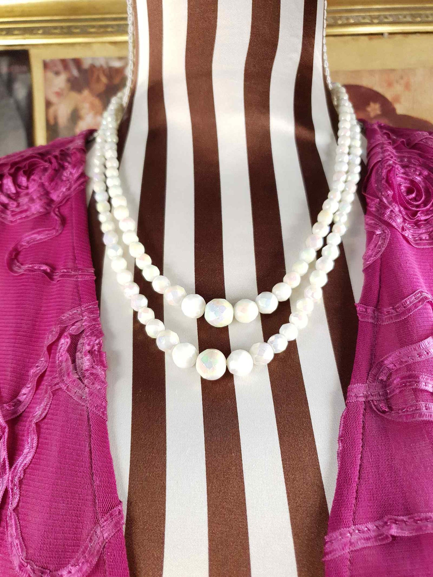 Vintage 1960s White Aurora Borealis Bead Necklace Two Strand AB