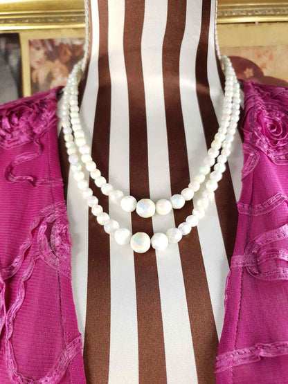 Vintage 1960s White Aurora Borealis Bead Necklace Two Strand AB