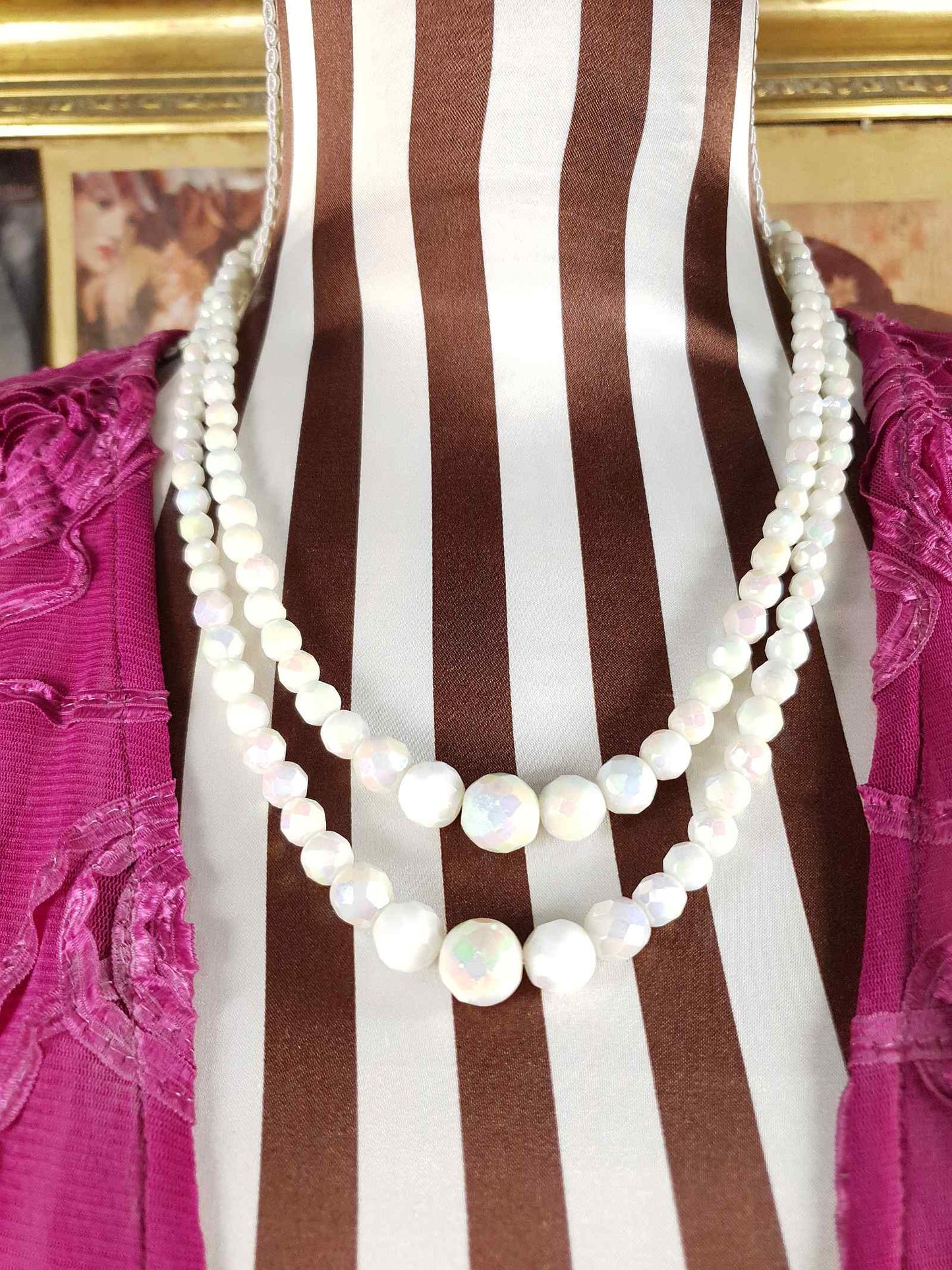 Vintage 1960s White Aurora Borealis Bead Necklace Two Strand AB