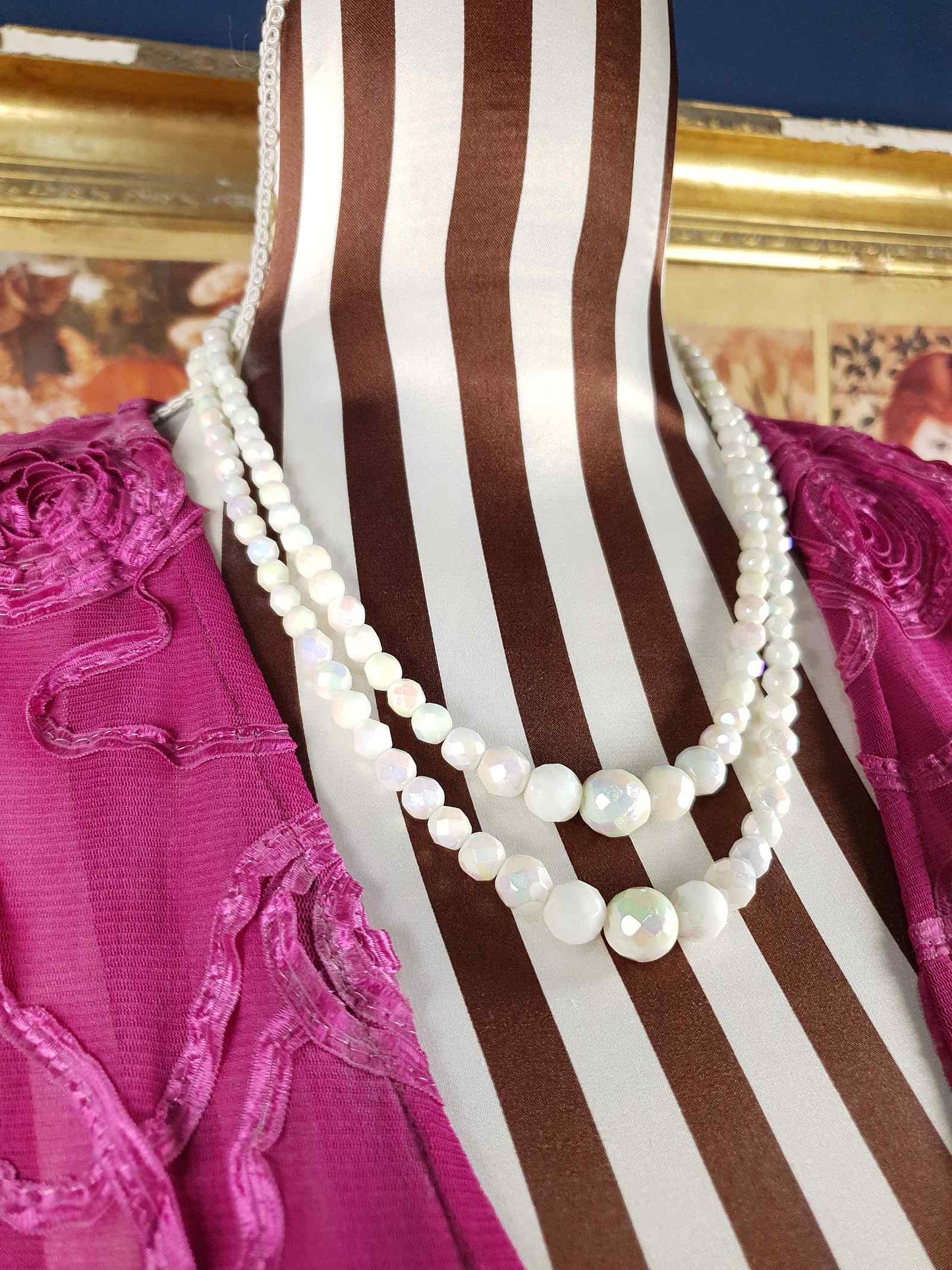 Vintage 1960s White Aurora Borealis Bead Necklace Two Strand AB