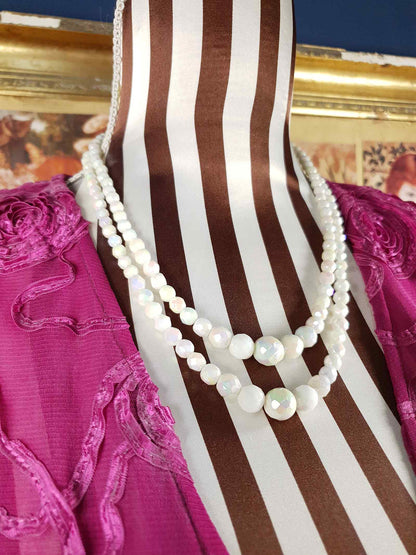 Vintage 1960s White Aurora Borealis Bead Necklace Two Strand AB