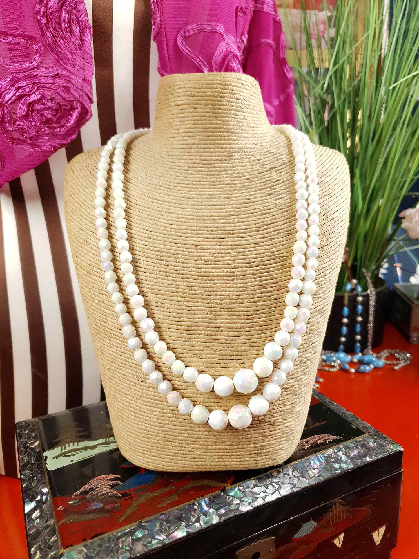 Vintage 1960s White Aurora Borealis Bead Necklace Two Strand AB