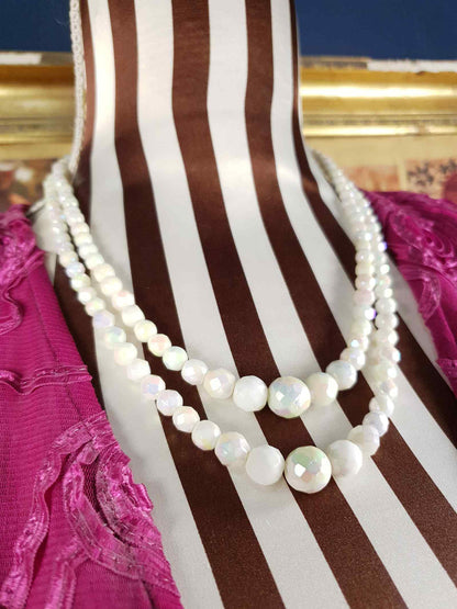 Vintage 1960s White Aurora Borealis Bead Necklace Two Strand AB
