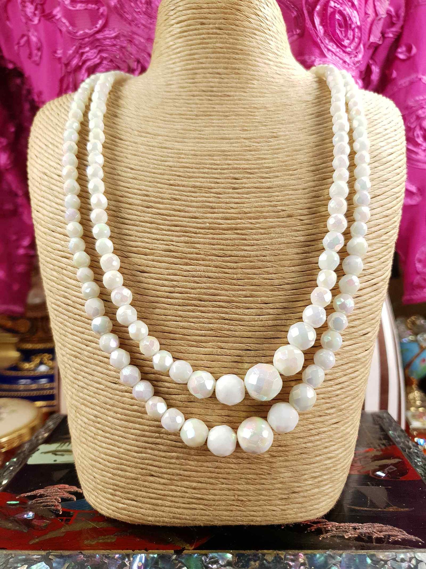 Vintage 1960s White Aurora Borealis Bead Necklace Two Strand AB