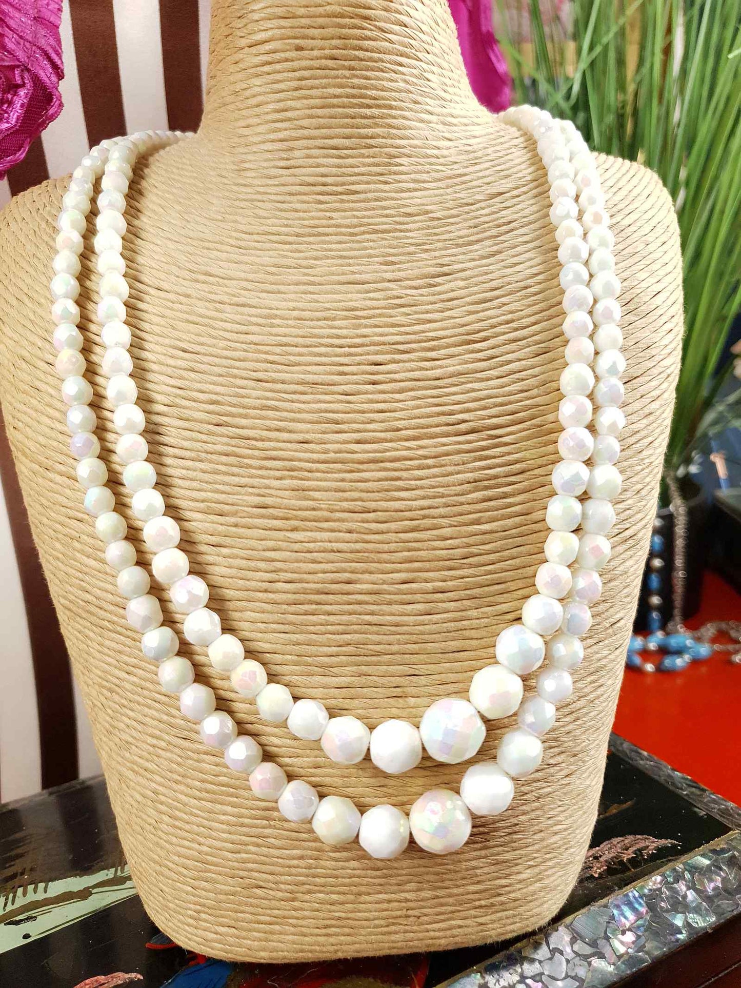 Vintage 1960s White Aurora Borealis Bead Necklace Two Strand AB