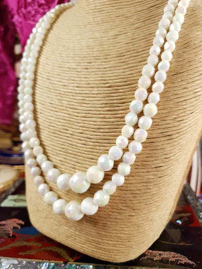 Vintage 1960s White Aurora Borealis Bead Necklace Two Strand AB