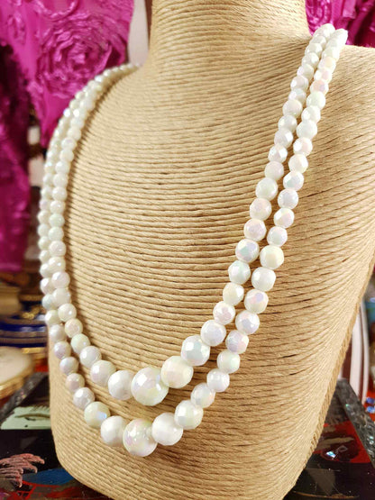 Vintage 1960s White Aurora Borealis Bead Necklace Two Strand AB
