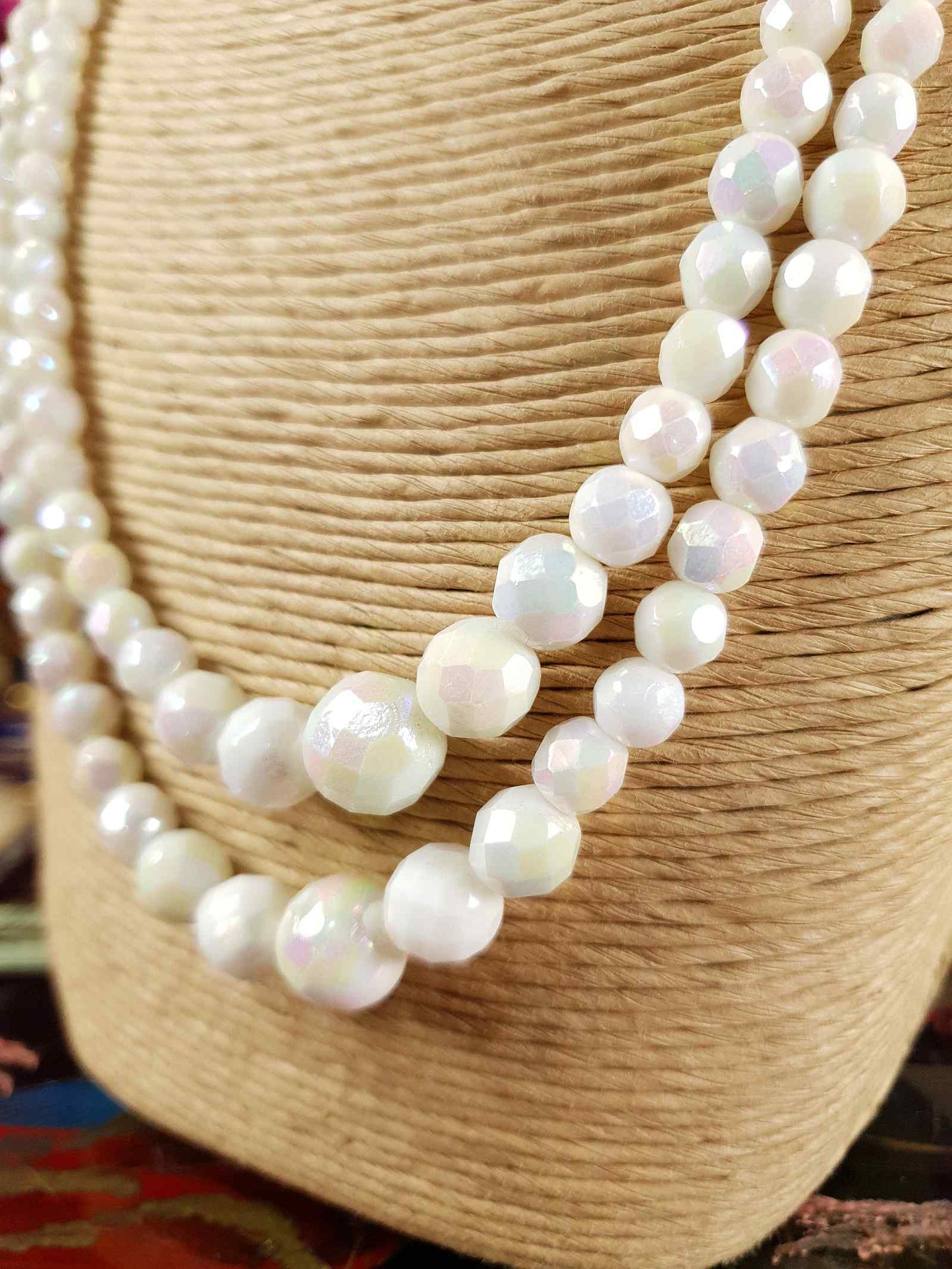 Vintage 1960s White Aurora Borealis Bead Necklace Two Strand AB