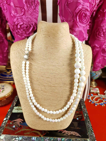 Vintage 1960s White Aurora Borealis Bead Necklace Two Strand AB