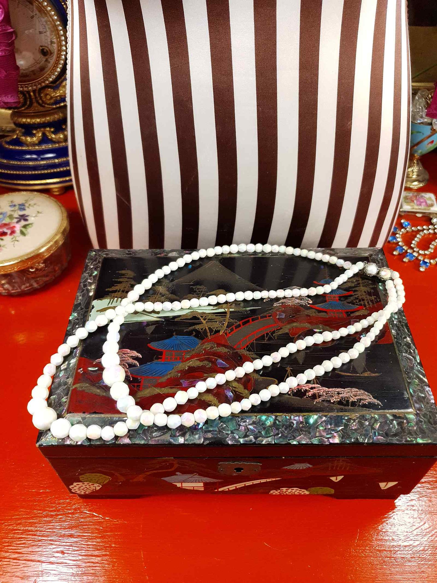 Vintage 1960s White Aurora Borealis Bead Necklace Two Strand AB