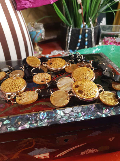 Vintage 1960s Carved Lucite Tree Of Life Necklace - Golden Marble & Black Boho