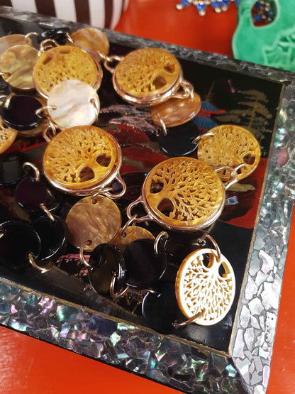 Vintage 1960s Carved Lucite Tree Of Life Necklace - Golden Marble & Black Boho