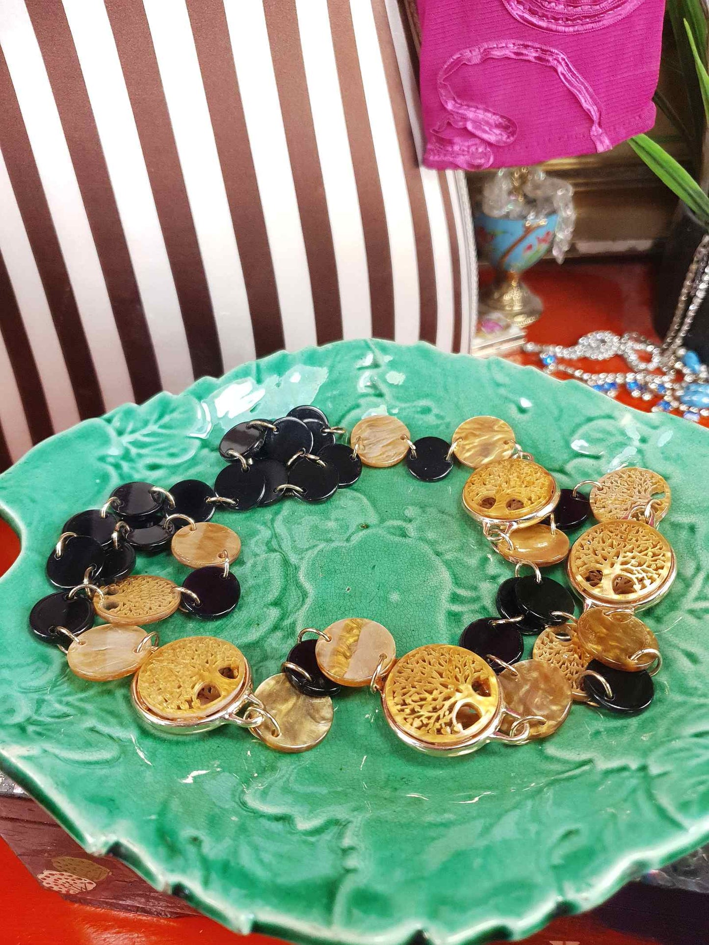 Vintage 1960s Carved Lucite Tree Of Life Necklace - Golden Marble & Black Boho