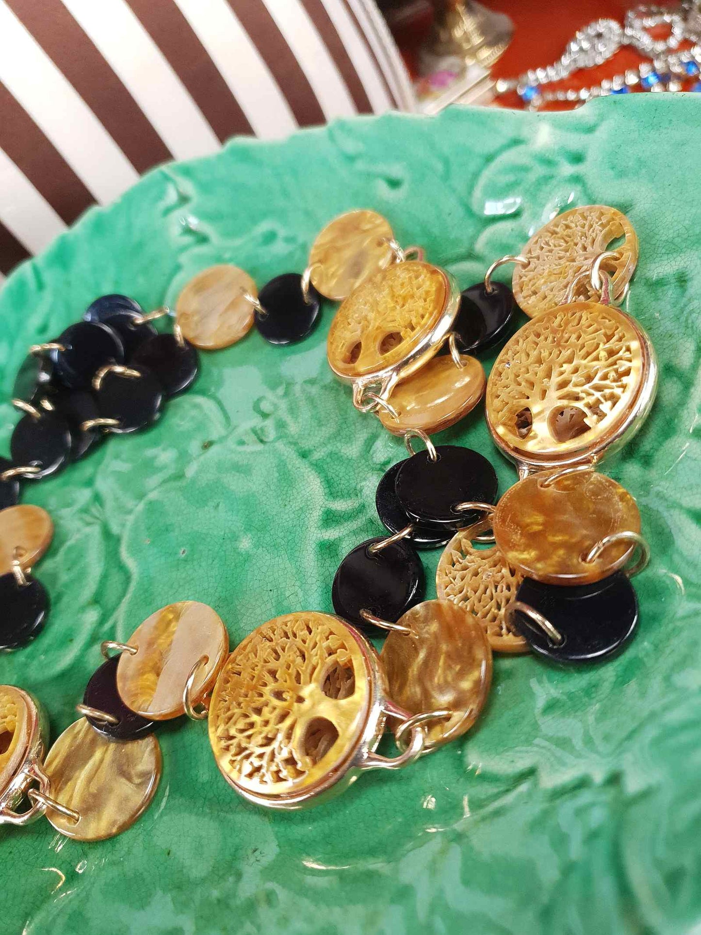 Vintage 1960s Carved Lucite Tree Of Life Necklace - Golden Marble & Black Boho