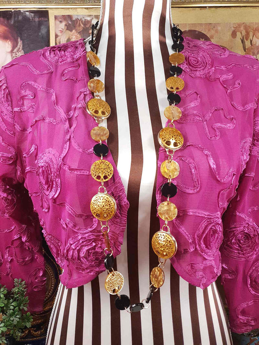 Vintage 1960s Carved Lucite Tree Of Life Necklace - Golden Marble & Black Boho